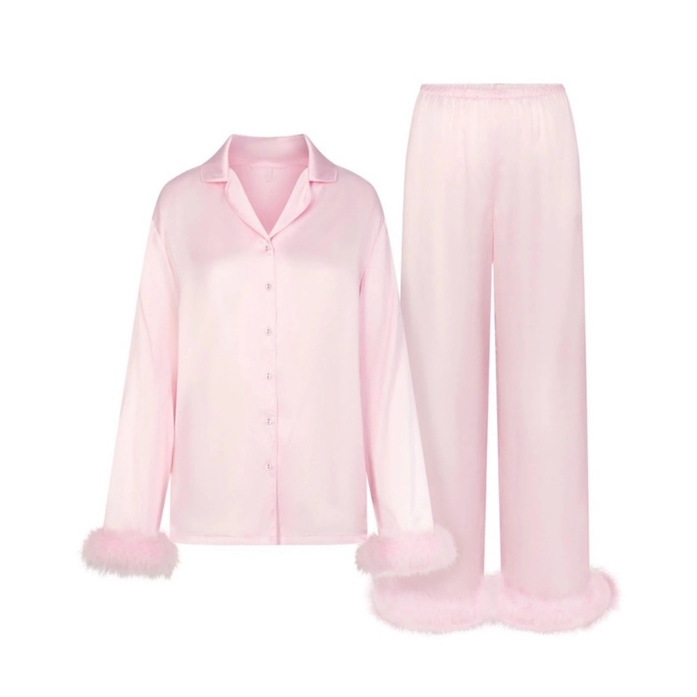 SKIMS Pink Satin Feather Trim Pajama Set | Size Small - Picture 3 of 10